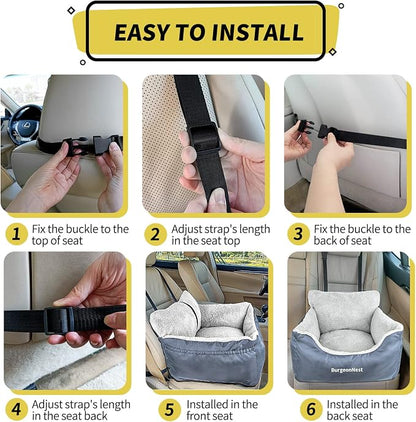BurgeonNest Dog Car Seat for Small Dogs, Washable Soft Booster Seats for Small Pets Under 25 lbs, Portable Cat Carseat Travel Bed with Storage Pockets and Clip-On Leash, Grey