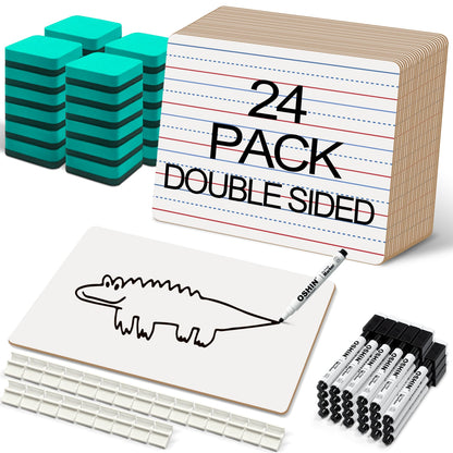 24 Pack Small White Boards, 9"x12" Double Sided Personal Dry Erase Boards Portable Handheld Whiteboards with Lines for Kids, Students, Teacher School, Include 24 Markers, 24 Erasers