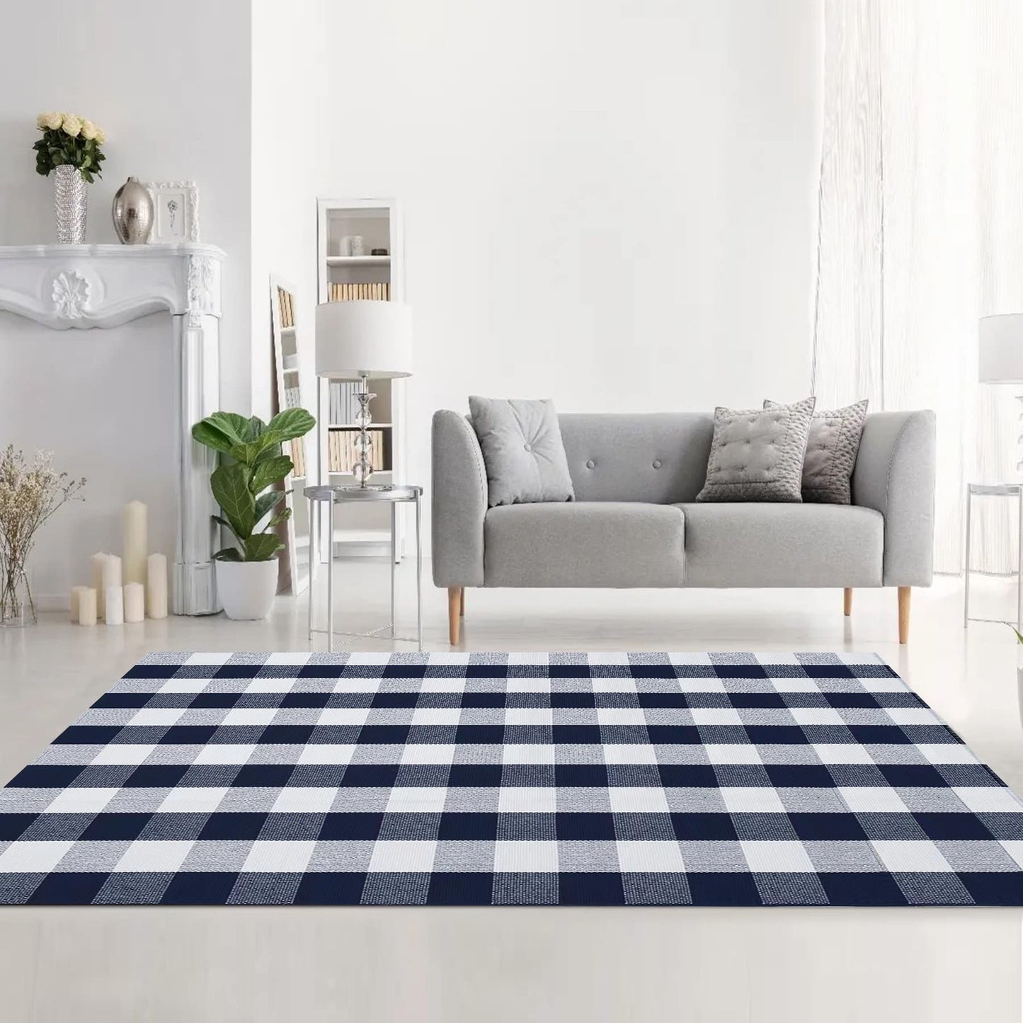 MUBIN Cotton Buffalo Plaid Rug, 4' x 6' Navy Blue White Outdoor Rug Decorative Mat, Washable Large Doormat Hand-Woven Foldable Area Rug for Outdoor Patio Indoor Living Room Dining Room Kitchen
