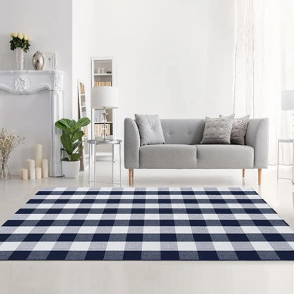 MUBIN Cotton Buffalo Plaid Rug, 4' x 6' Navy Blue White Outdoor Rug Decorative Mat, Washable Large Doormat Hand-Woven Foldable Area Rug for Outdoor Patio Indoor Living Room Dining Room Kitchen