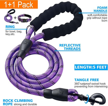 Ladoogo Reflective Dog Collar Padded with Soft Neoprene Breathable Adjustable Nylon Dog Collars for Small Medium Large Dogs (X-Small (Pack of 1), Purple/Pink Floral Collar+Leash)