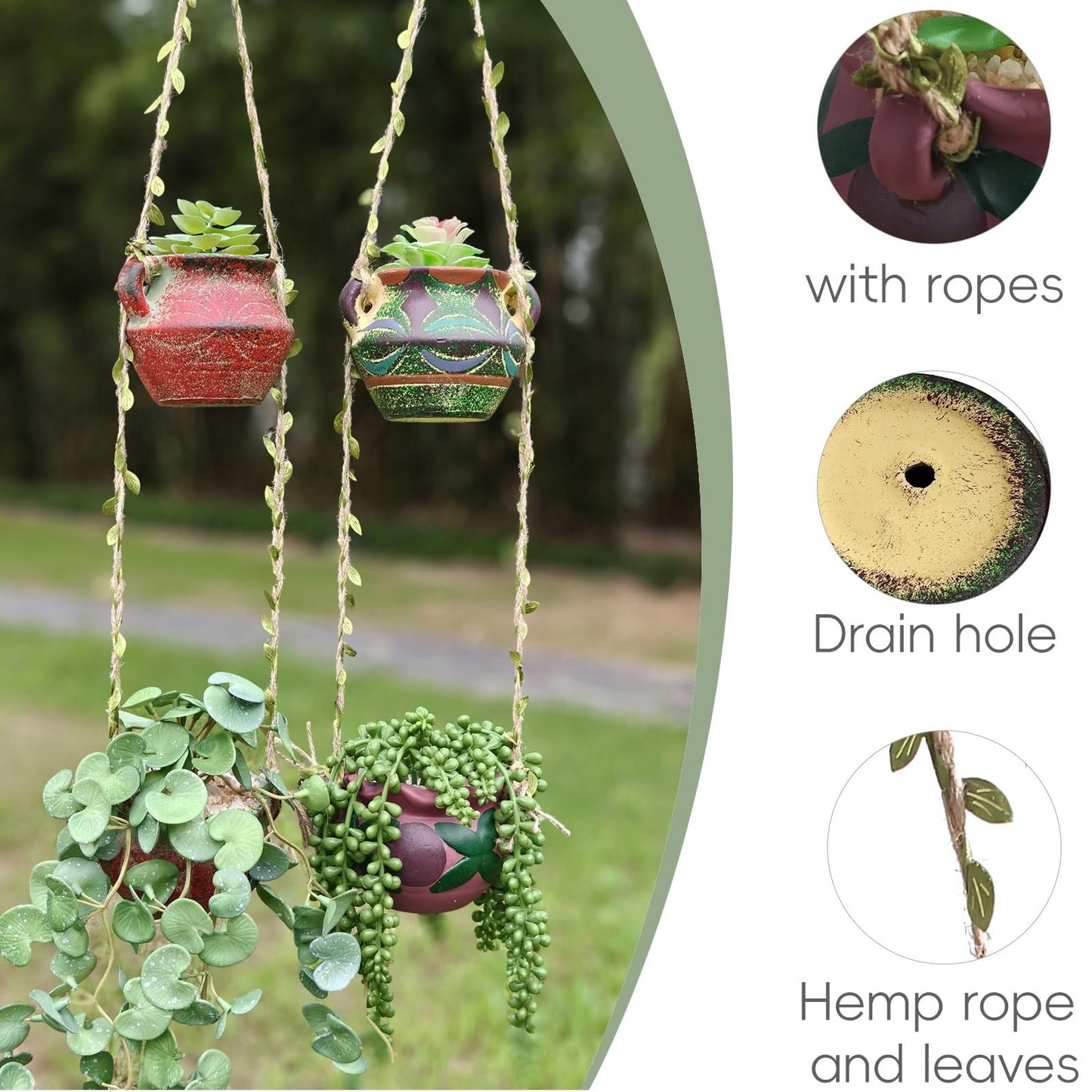qumHmup Ceramic Hanging Planters, Set of 4 Pots with Drainage Holes,Boho Indoor Outdoor Planter for Succulents