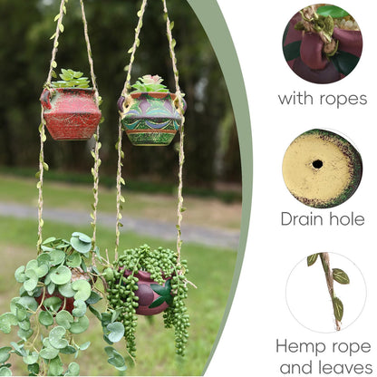 qumHmup Ceramic Hanging Planters, Set of 4 Pots with Drainage Holes,Boho Indoor Outdoor Planter for Succulents