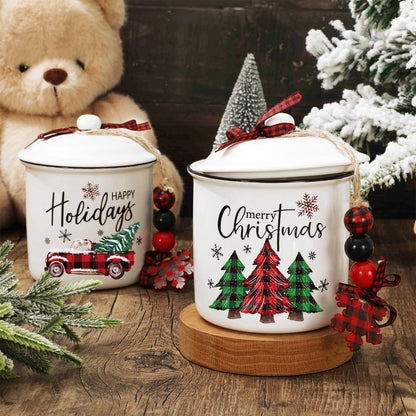 Whaline 2Pcs Christmas Mini Ceramic Canister Red Green Plaid Xmas Tree Truck Snowflake Mini Jar Holiday Candy Holder with Lid Bow for Xmas Winter Home Decor Storage Accessory