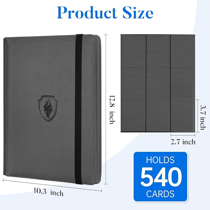 Premium 9 Pocket Card Binder for 540 Cards, Fabmaker PU Cover Trading Card Binder, Sturdy Card Collection Album, Sleek Card Holder Folders for Game Cards & Sports Cards, Grey