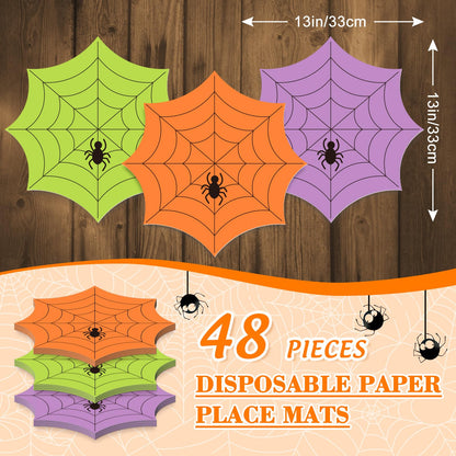 Whaline 48 Pack Halloween Paper Place Mats 13 Inch Spiderweb Disposable Placemats Green Orange Purple Spider Web Paper Table Mats for Kitchen Dinner Table Setting