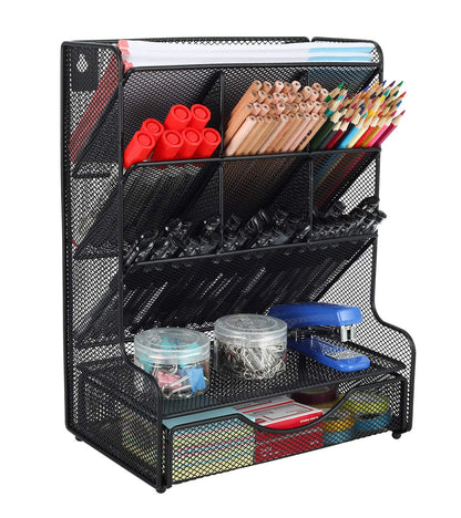 PAG Desk Organizer with Drawer Office Supplies and Accessories Storage Caddy Hanging Wall Shelf Metal Mesh Pencil Holder for Kids, 9 Compartments, Black