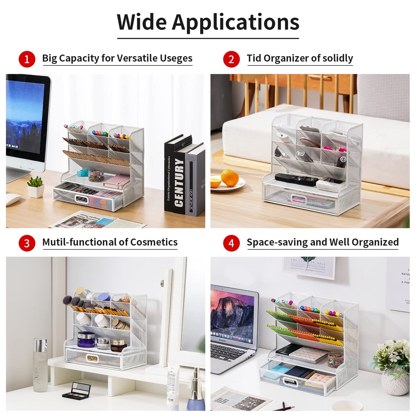 Marbrasse Mesh Desk Organizer - Multi-Functional Pen Holder with Drawer, Desktop Stationary Storage Rack for School, Home, Office, Art Supplies (White Mesh)
