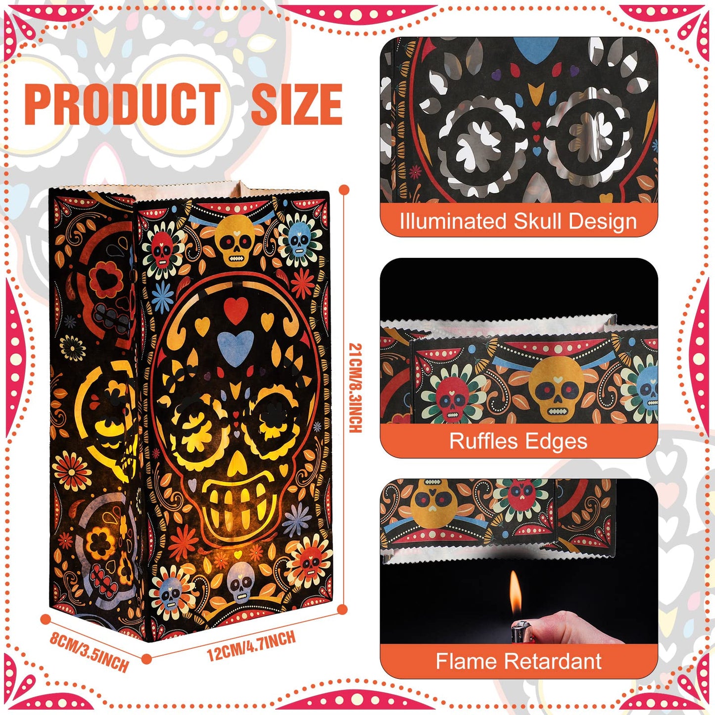 24 Pcs Halloween Day of The Dead Luminary Bags Paper Treat Bags Black Dia de Muertos Flame Resistant Candle Bags Goodie Present Wrap Bags for Halloween Party Favors Supplies
