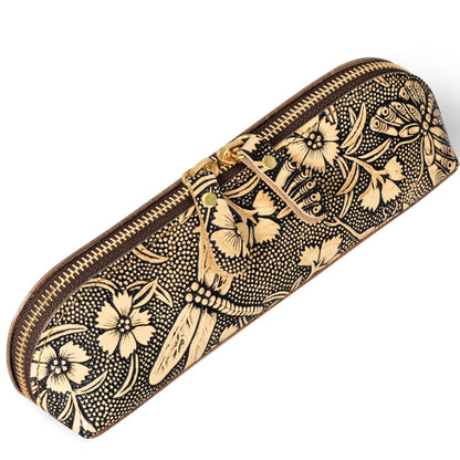 Gexmil Genuine Leather Pen Case, Full Grain Leather Pencil Holder, Hand-made Stationery Bag for Work & Office, Vintage Style, Butterfly Grey