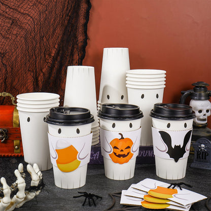 Whaline 60 Set Halloween Disposable Coffee Cups with Lids and Bat Candy Cone Pumpkin Sleeves 16 Oz Ghost Paper To Go Cups for Trick or Treat Party Supplies