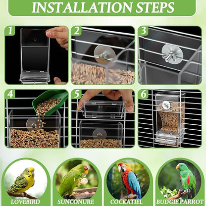 Novabright 7 Pcs No Mess Bird Feeder Water Dispenser Set Include Automatic Parakeet Feeder and Drinker with Bird Paw Grinding Stick Cage Accessories for Small Medium Cockatiel Lovebird(Classic,Clear)