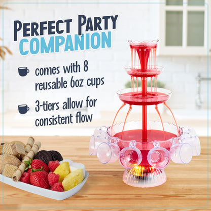 Nostalgia 3-Tier Party Fountain, Holds 1.5 Gallons, LED Lighted Base, Includes 8 Reusable Cups, 1.5 Gallon, Clear