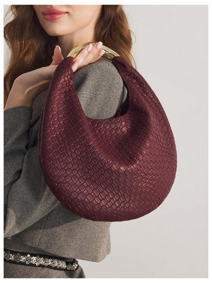QWINEE Women's Woven Handbag Elegant Clutch Purse Metal Top Handle Cresent Evening Bag Retro PU Leather Clutch Purse Burgundy One Size