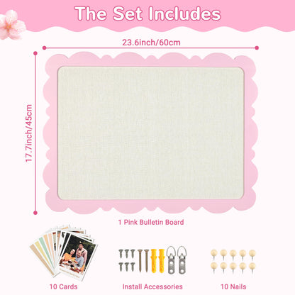 Marribol Scalloped Pin Board with Linen，18’’x24’’,Pink Pine Frame Bulletin Board for Office Home School Girls Dorm Decor, with 10 Cards,10 Pins