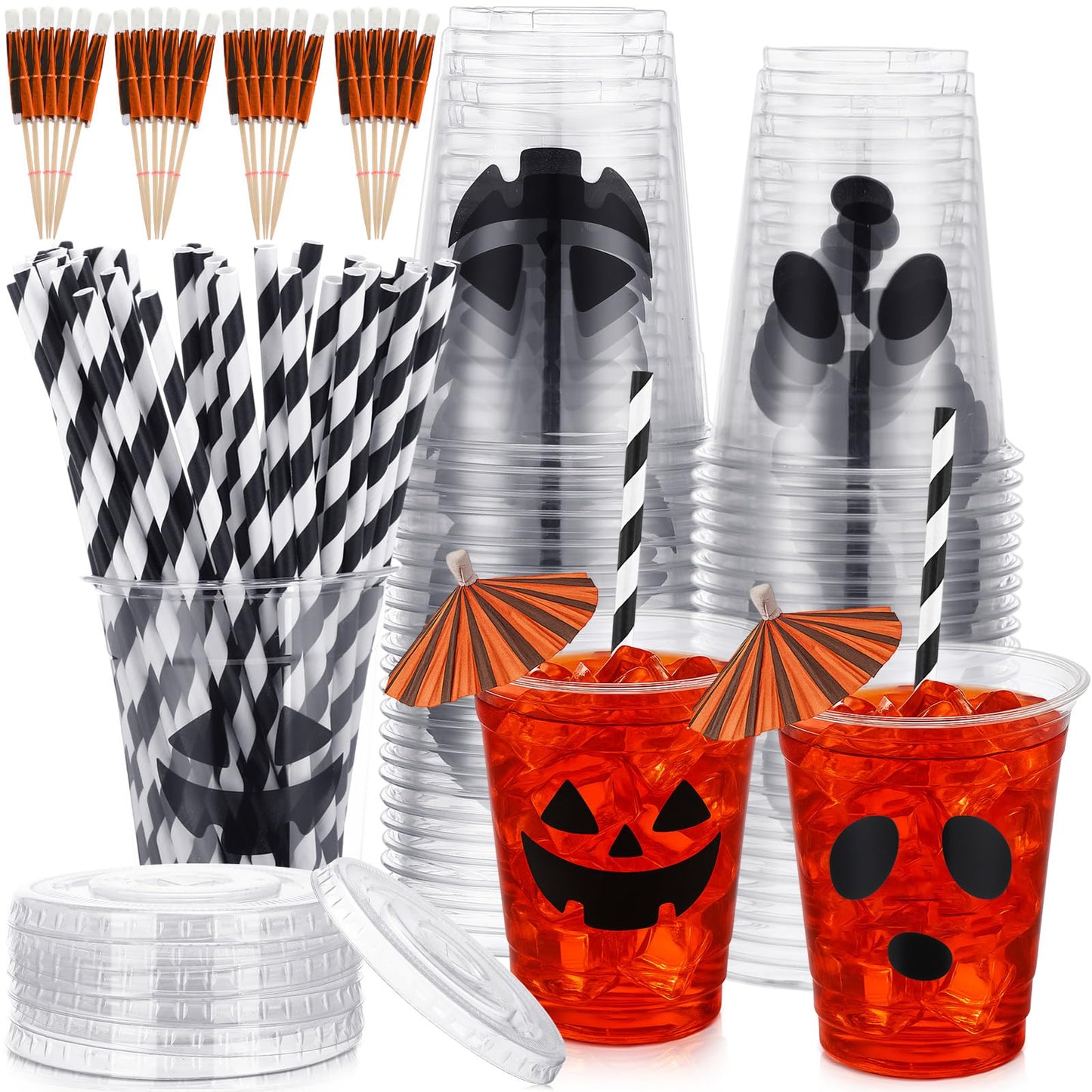 Chengu 50 Set Halloween Disposable Plastic Cups with Lids and Cocktail Paper Umbrella 12oz Pumpkin Face Disposable Cups Jack O Lantern Party Favors Halloween Trick or Treat Party Supplies