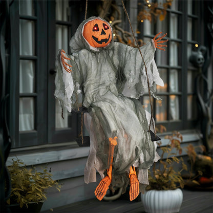 Hourleey 2 Pack Halloween Decorations Outdoor, Swinging 3.6ft Witch and Hanging 4ft Pumpkin Ghost with Lighted Eyes for Haunted House Prop Décor, Halloween Indoor