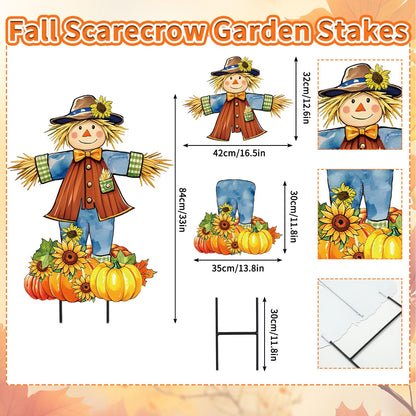 JarThenaAMCS 33" H Fall Scarecrow Metal Garden Stakes Rustic Pumpkin Pile Scarecrow Decorative Lawn Sign for Autumn Thanksgiving Home Outside Lawn Porch Decor