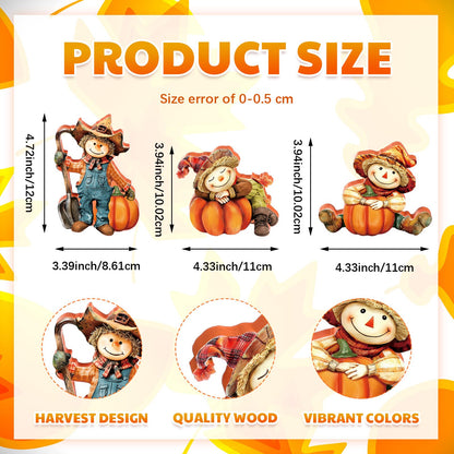 DoubleFill 3 Pcs Fall Figurines Home Decor Harvest Scarecrow with Pumpkins Wood Figurines Thanksgiving Wooden Scarecrow Decorations for Fall Thanksgiving Home Office Party Table Decoration Gifts