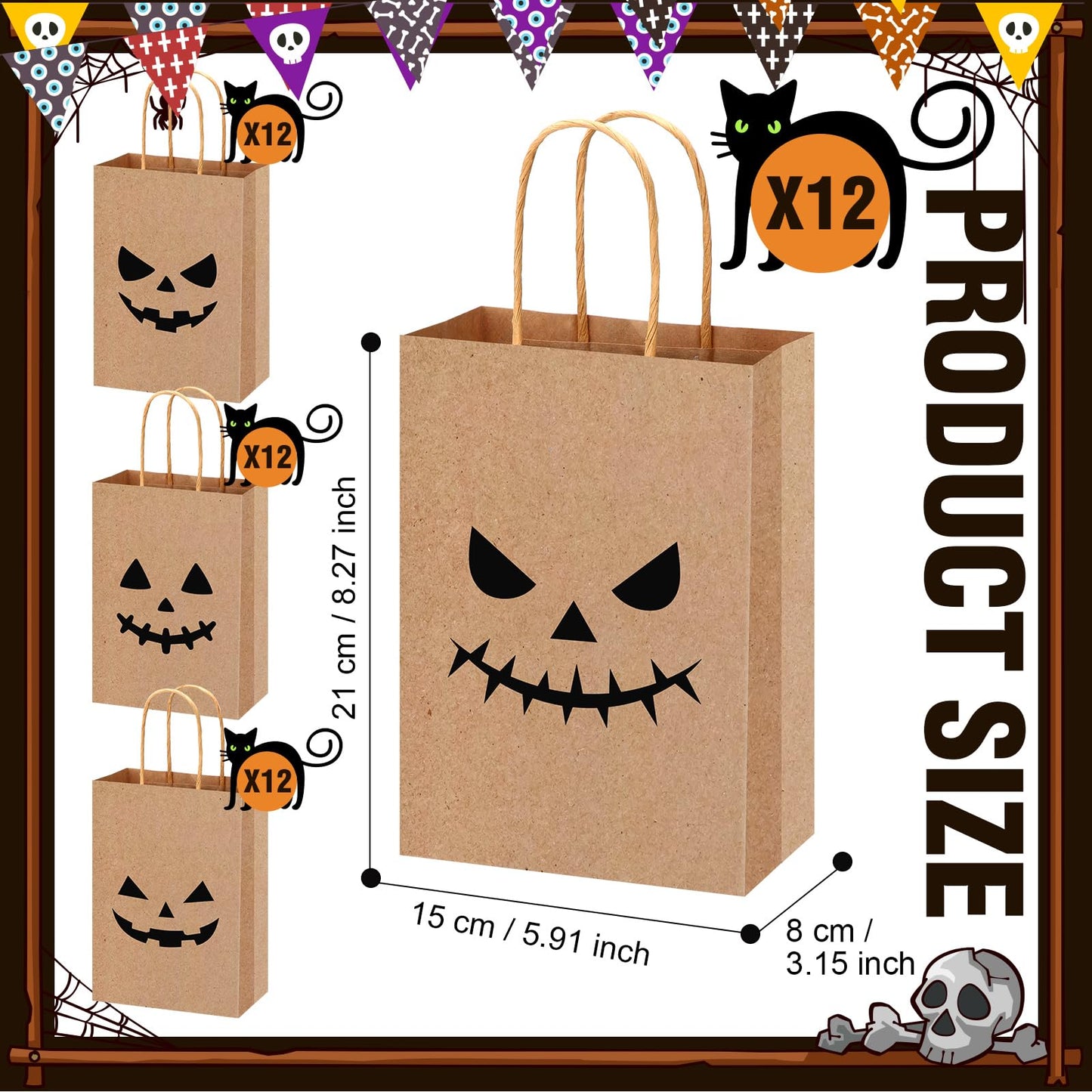 Yexiya 48 Pieces Kraft Halloween Paper Gift Bags Bulk Pumpkin Treat Bags with Handle Kraft Gift Wrap for Halloween Party Favor Supplies