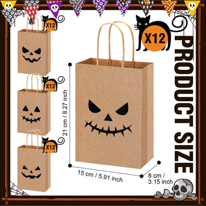 Yexiya 48 Pieces Kraft Halloween Paper Gift Bags Bulk Pumpkin Treat Bags with Handle Kraft Gift Wrap for Halloween Party Favor Supplies