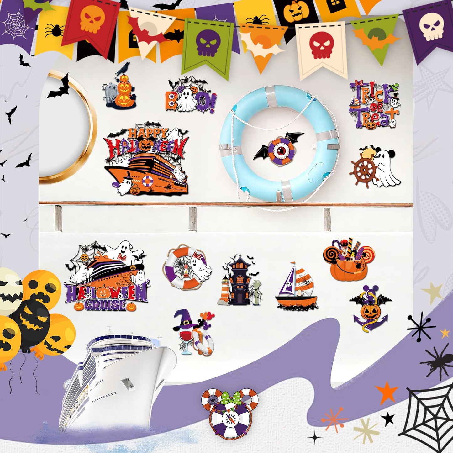 RiVolTa Halloween Cruise Door Magnetic - 16 Pcs Mouse Pumpkin Ship Cabin Decorations Magnets Stickers Funny Ghost Boo Anchor Stateroom Decals Accessories for Carnival Holiday Party Sign Garage Decor