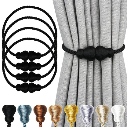 Nieffeiy Magnetic Curtain Tiebacks Outdoor Curtain Tie Backs Rope Decorative Magnetic Curtain Holders for Drapes Window Treatment Holdbacks, Black 4Pack