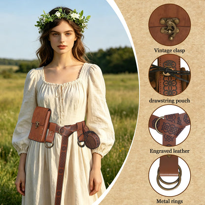 Renaissance Belt Pouch Set, Medieval Accessories, Pirate Belt with Coin Purse & Floral Headpiece for Cosplay (Brown)