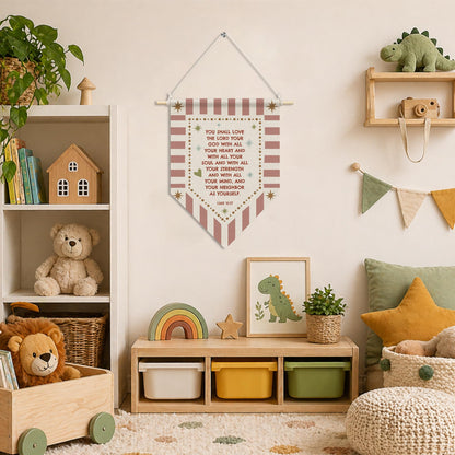 RUKUPA Christian Nursery Wall Art Decor, Bible Verse Hanging Pennant Flag, Religious Retro Pink Striped Wall Art Poster Hanger for Home Bedroom Kids Girl Nursery Room Decor, 11x15 Inch