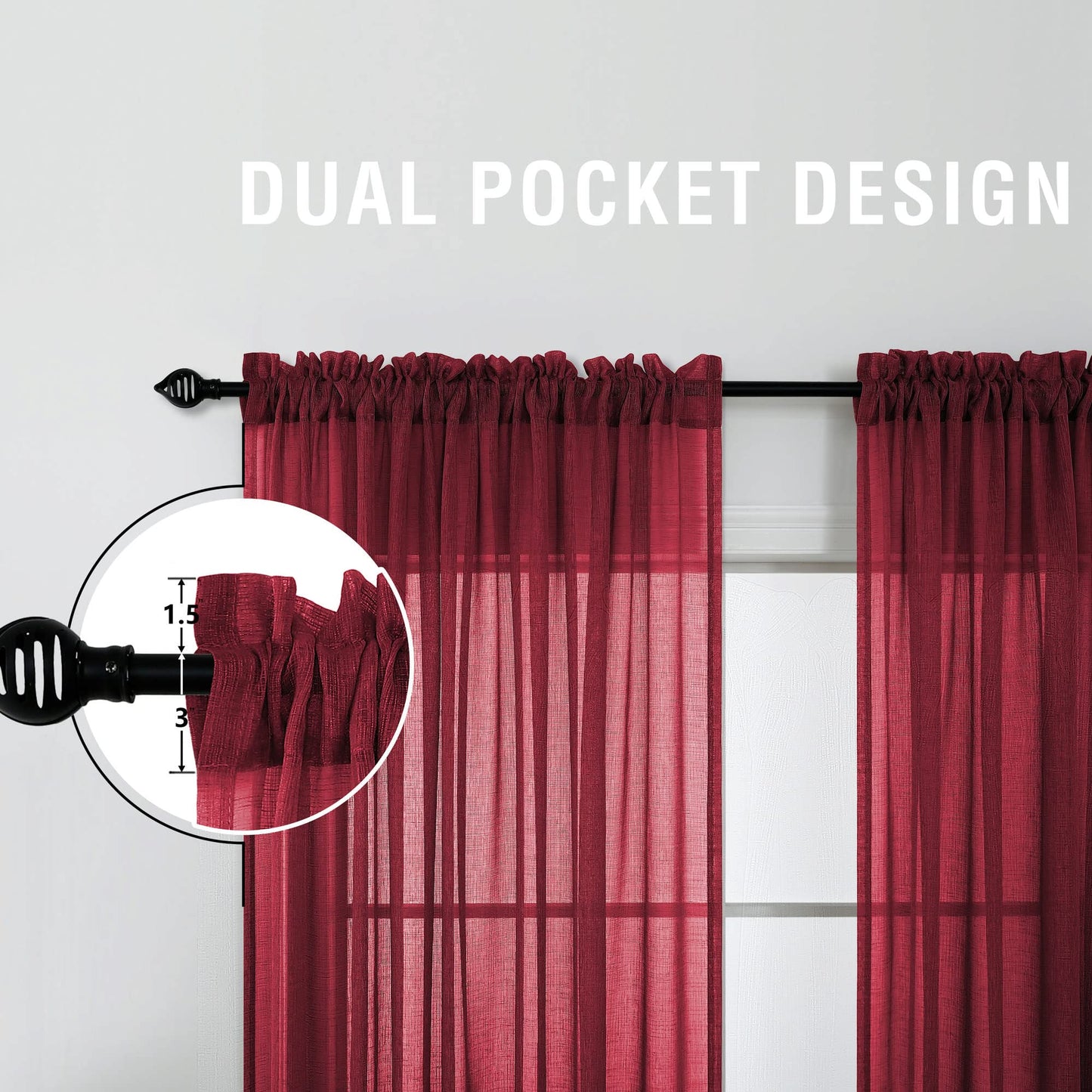 KOUFALL Burgundy Curtains for Bedroom 63 Inch Length 2 Panel Set Linen Textured Sheer Drapes for Living Room 52x63 Inches Long