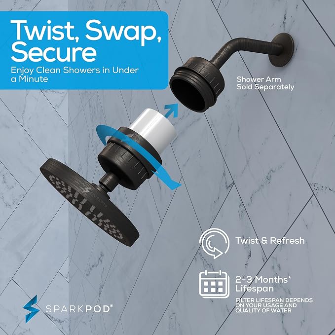 SparkPod 23-Stage Filtered Shower Head, 6" Round, Oil-Rubbed Bronze | Filtered Shower Head for Hard Water Filter, High Pressure, Reduces Chlorine, Heavy Metals, For Dry Skin & Hair
