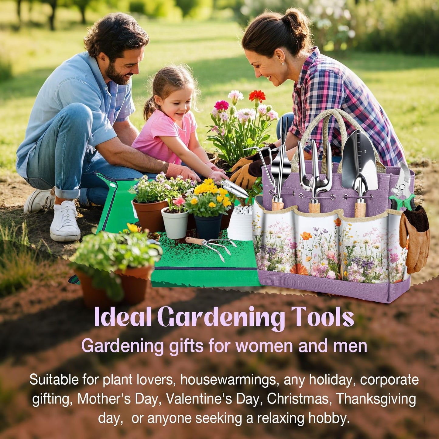 Gardening Tools 9-Piece Heavy-Duty Garden Tools Set, Stainless Steel Garden Hand Tools with Purple Floral Tote Bag and Repotting Mat Garden Supplies Kit Gifts for Women