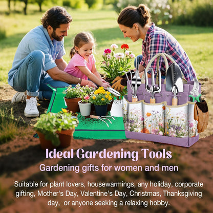 Gardening Tools 9-Piece Heavy-Duty Garden Tools Set, Stainless Steel Garden Hand Tools with Purple Floral Tote Bag and Repotting Mat Garden Supplies Kit Gifts for Women