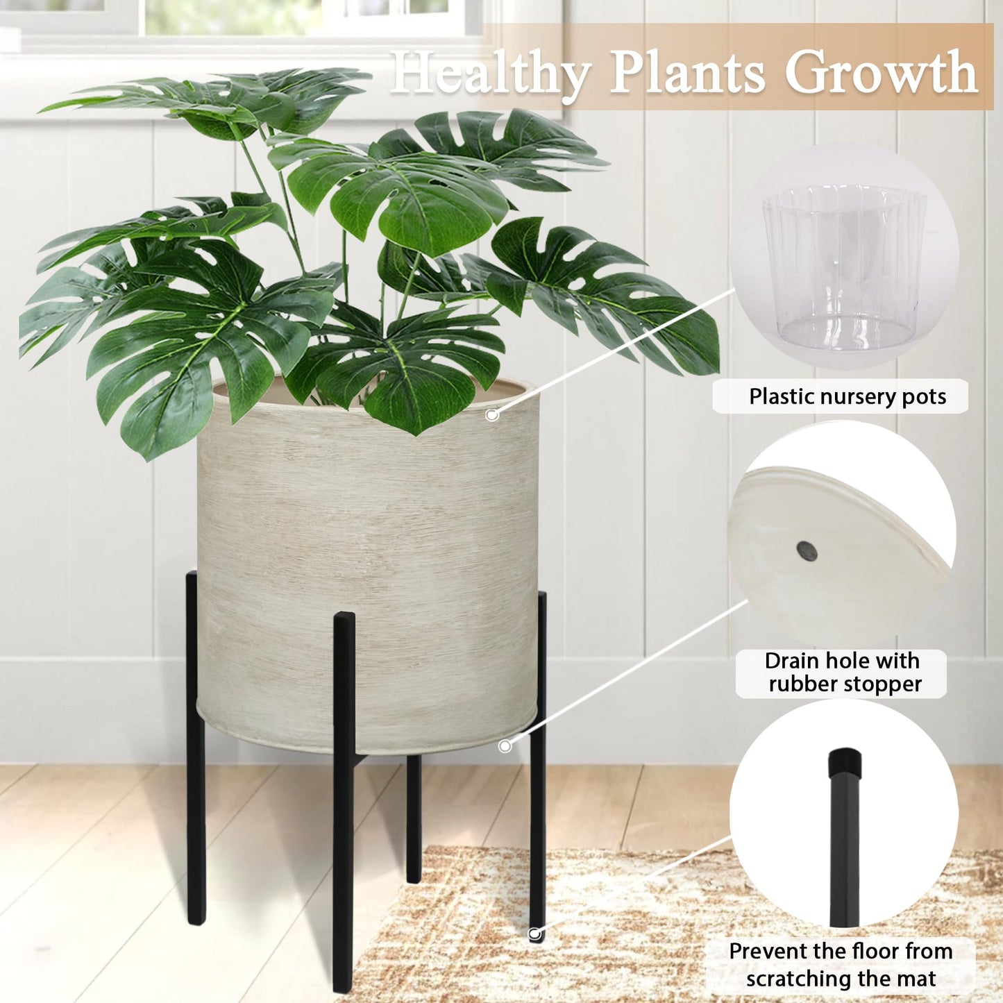 ARNIS Modern Plant Pots, Large Planters with Stand, Set of 2 Decorative Planters, Metal Pots with Drainage Holes for Living Room, Office, Garden or Balcony, 10.5 &12.55 Inch, Dirt