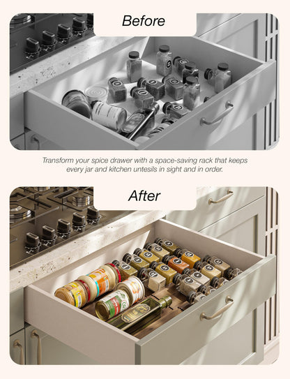 Tinamo Wood Spice Drawer Organizer - Acacia Wooden Tray Spice Racks Organizer for Cabinet Storage Shelf - 4 Tier Spice Rack for Drawer 32 Jars (Pack 4)
