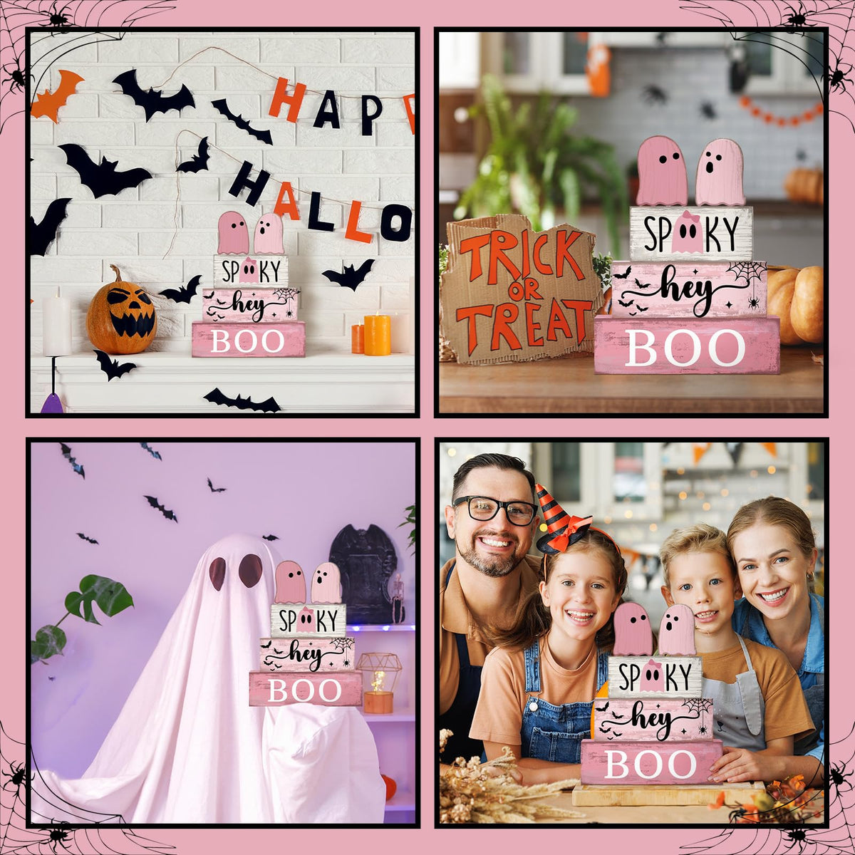 Lineshading 4 Pcs Pink Halloween Decor Ghost Table Decorations Halloween Tiered Tray Decor Farmhouse Ghost Tabletop Centerpiece Rustic Pink Block Sign Gift for Home Kitchen Shelf Office Mantel