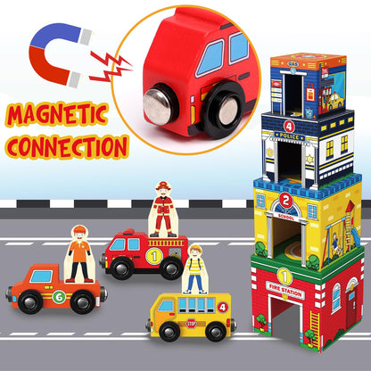 Atoylink Toddler Sorting and Stacking Toys with Magnetic Wooden Cars & Community Helpers, Baby Number Blocks Nesting Boxes Preschool Learning Montessori Toys for 1 2 3 Year Old Boys Girls Gift