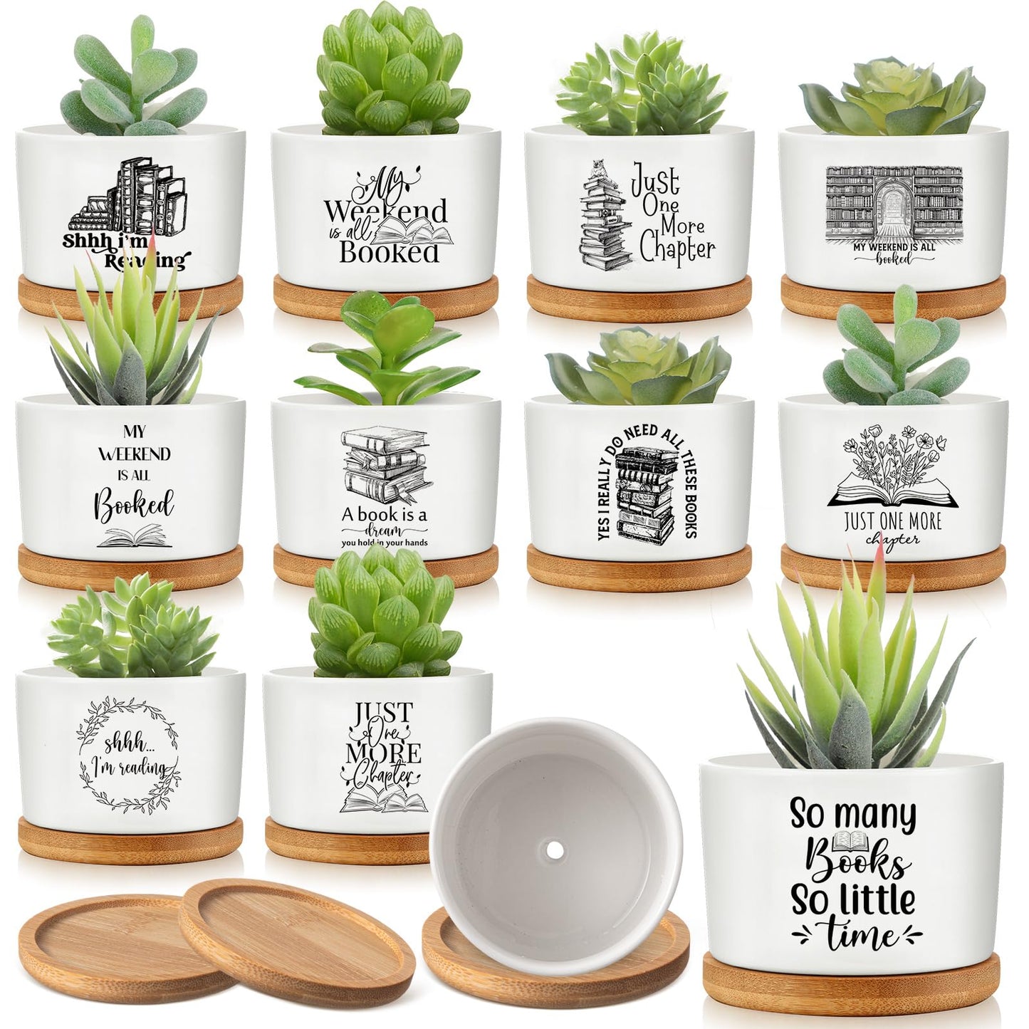 Havawish 12 Pcs Book Lover Gifts Succulent Pots Ceramic Bookworm Planter Pot with Bamboo Tray Bookish Succulent Planter Thank You Gift for Women Teachers Employee, Bookshelf Decor