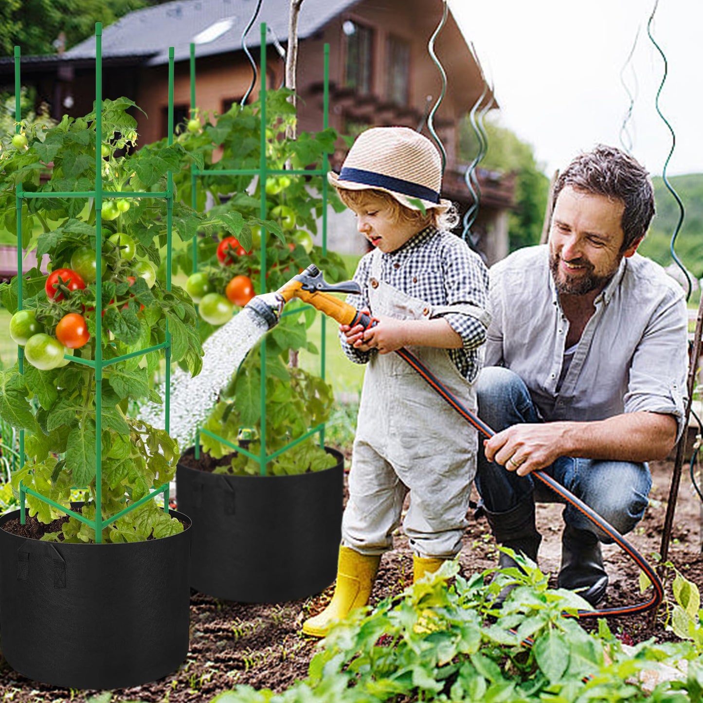 4 Packs 47 x 12 Inch Garden Tomato Cages with Grow Bags- Triangle Plant Support Trellis Assembled with Planter Bags- Garden Cucumber Vegetables Frames for Vertical Climbing Plants