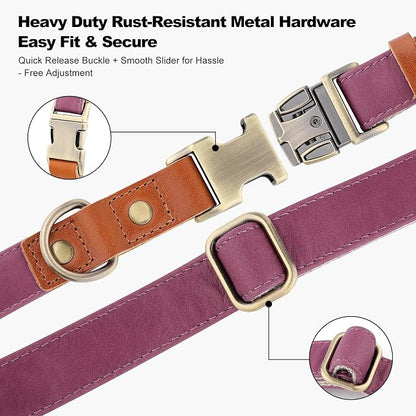 Plutus Pet Genuine Leather & Hemp Dog Collar – Adjustable Heavy Duty Pet Collar with Quick Release Metal Buckle, Soft & Stylish for Puppy and Small, Medium, Large Dogs (Purple, M)