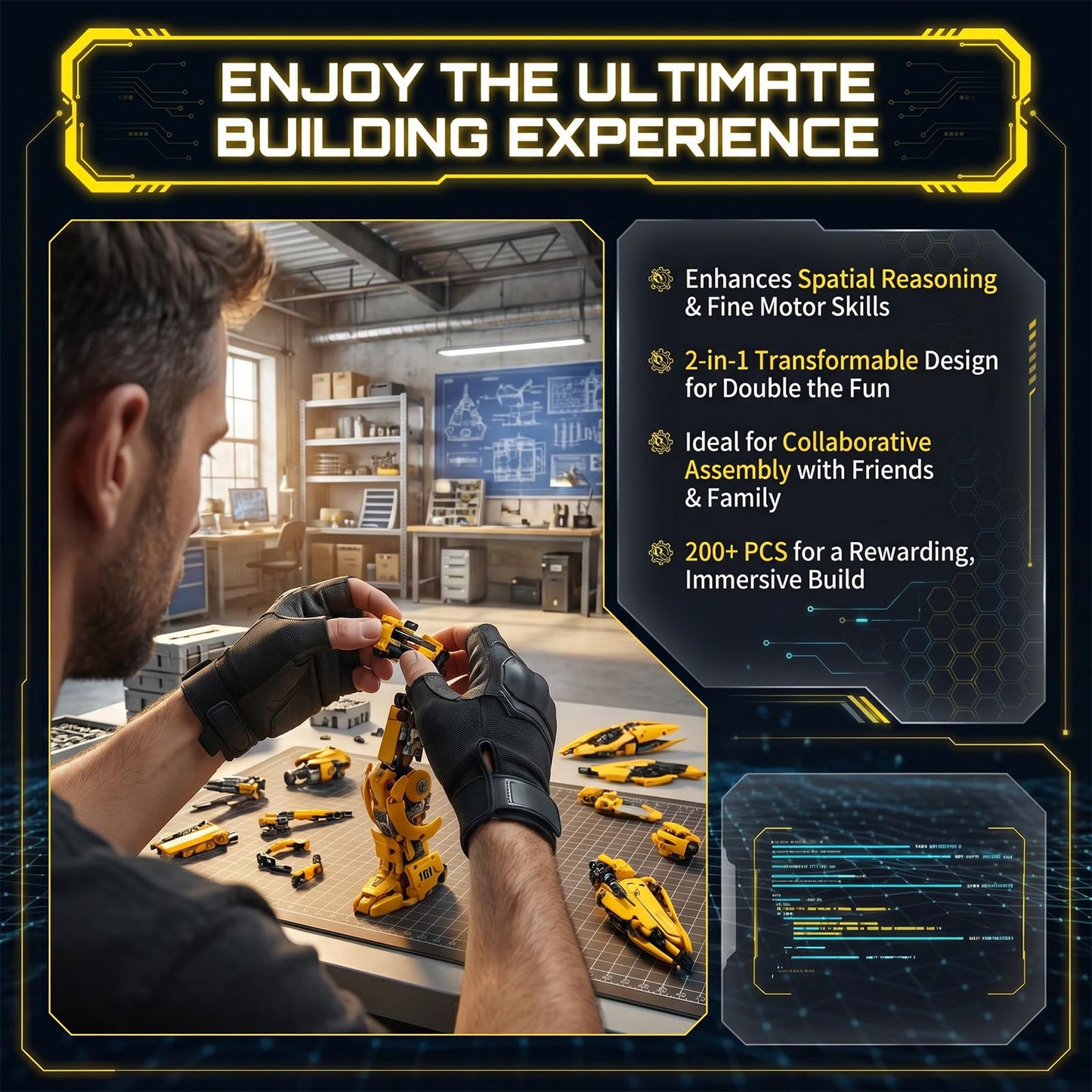 Myth Qholve 2 in 1 Wasp Robot Building Set Transforming Mecha Model Kit with Light-Up Core, Large Sci-Fi Mechanical Insect Display Figure, Advanced Construction Set for Teens and Adults