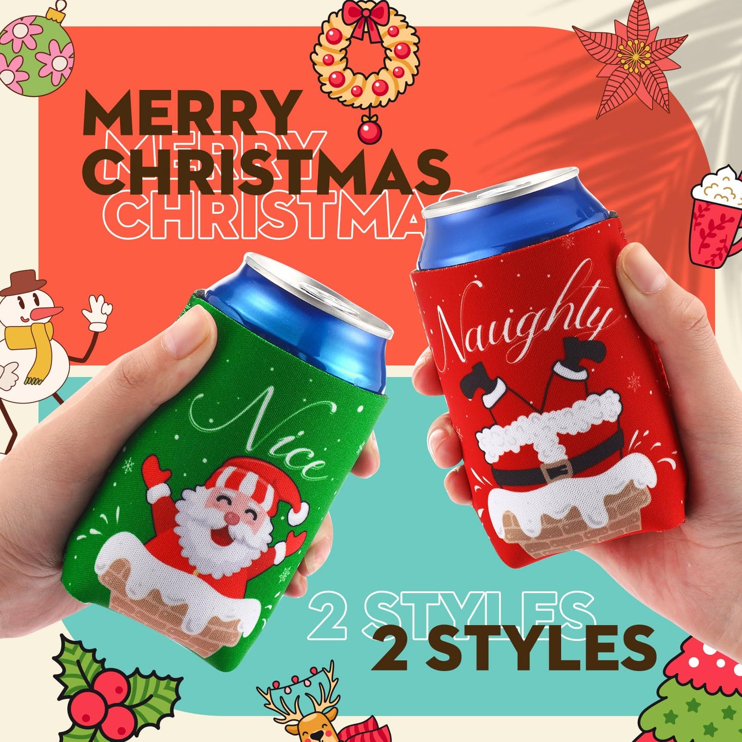 Remerry 24 Pcs Christmas Naughty or Nice Can Cooler Sleeves 12 oz Xmas Neoprene Can Sleeves Santa Pattern Cooler for Beverages Drinking Bottle Christmas Party Favor Decorations