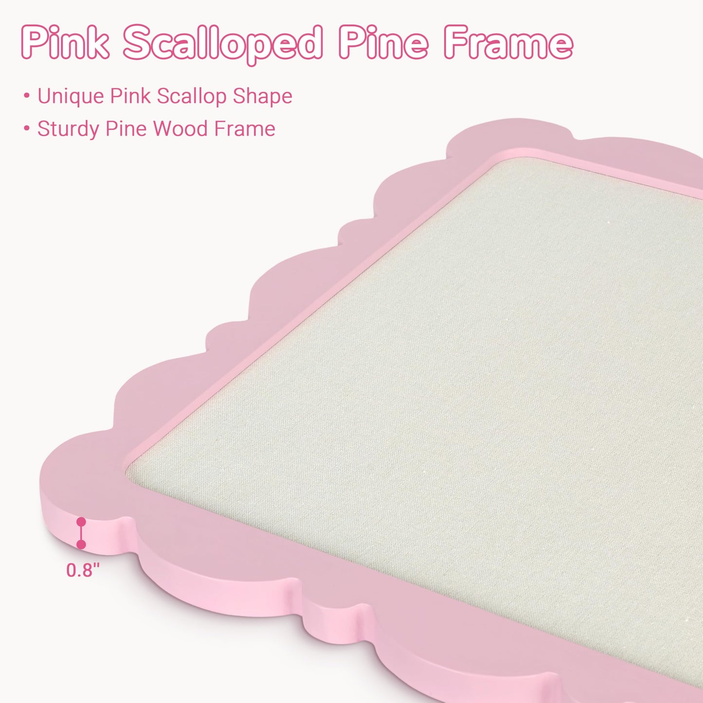 Marribol Scalloped Pin Board with Linen，18’’x24’’,Pink Pine Frame Bulletin Board for Office Home School Girls Dorm Decor, with 10 Cards,10 Pins