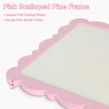 Marribol Scalloped Pin Board with Linen，18’’x24’’,Pink Pine Frame Bulletin Board for Office Home School Girls Dorm Decor, with 10 Cards,10 Pins