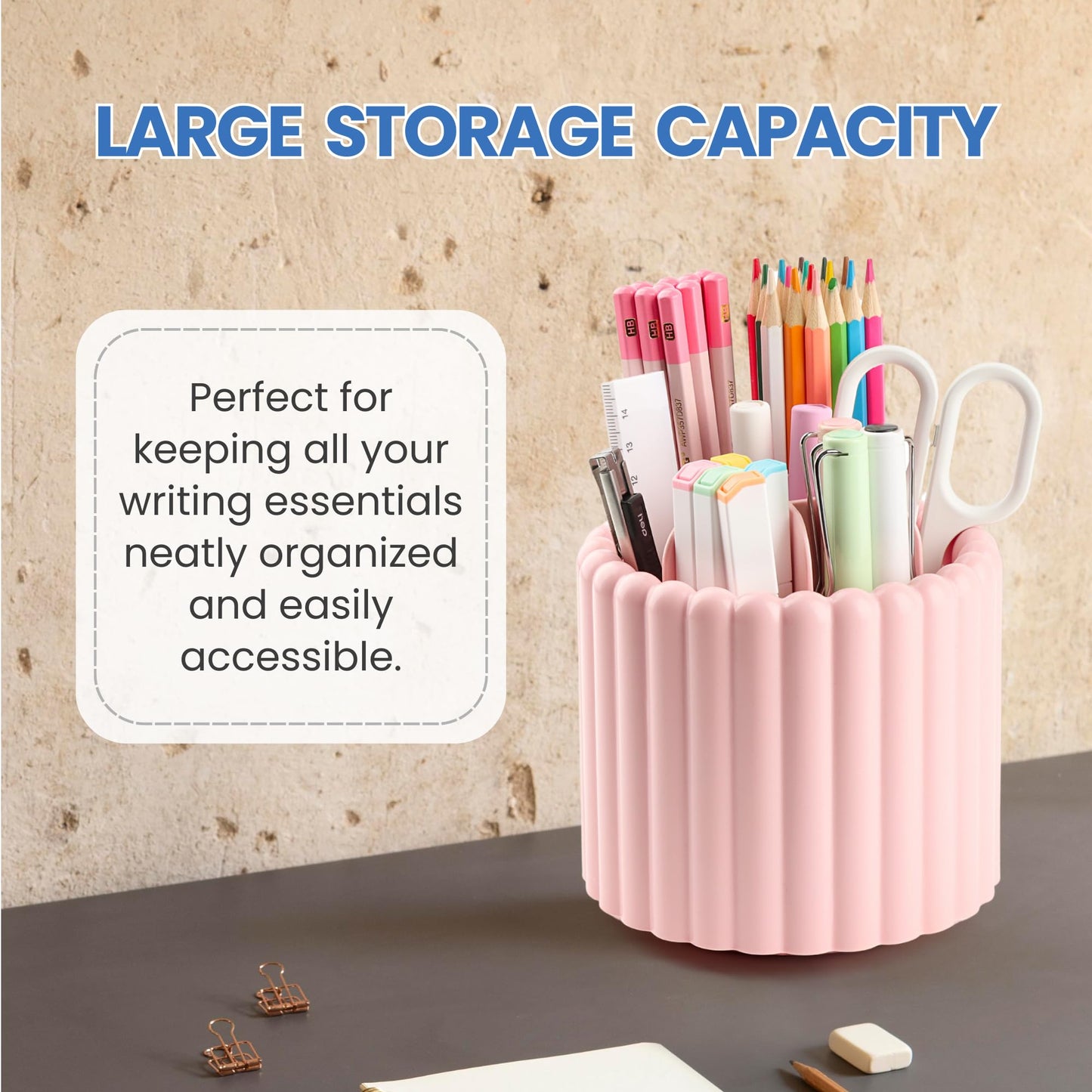 Sallurna Desk Organizer, 360° Rotating Pen Holder for Desk, Pencil Cup with 7 Compartments Storage Box Caddy for Kids, Office, School, Home (Pink)