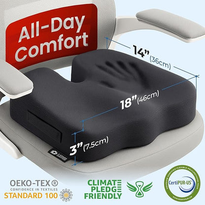 5 STARS UNITED Seat Cushion for Tailbone Pain Relief – Memory Foam Cushion for Coccyx, Hemorrhoid, Sciatica & Post-Surgery Recovery – Wheelchair, Car, Desk, Gaming & Office Chairs, Arctic Black