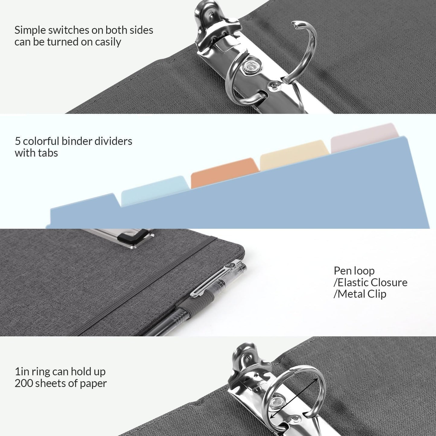 SKYDUE Clipboard Binder with Dividers,1 Inch 3 Ring Binder with Clipboard on Front for Organizer, Clipboard Folder with Pocket, Labels Office Supplies Gray