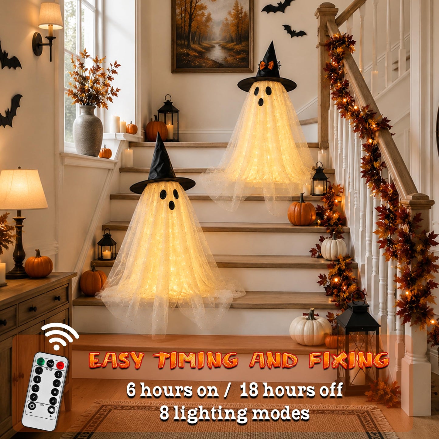 AYGXU 2pcs Halloween Decorations Indoor,Ghost Decor with String Lights Remote Control,Halloween Party Decorations,Spooky Ghost Light for Home Table Room Kitchen Office