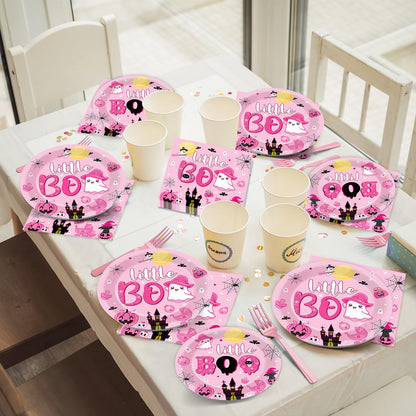 ZOIIWA 96PCS Halloween Little Boo Baby Shower Party Tableware Set for Girls Ghost Party Supplies for 24 Guests Disposable Pink and Black Boo Dinnerware Plates Napkins Forks for Halloween Party Favors