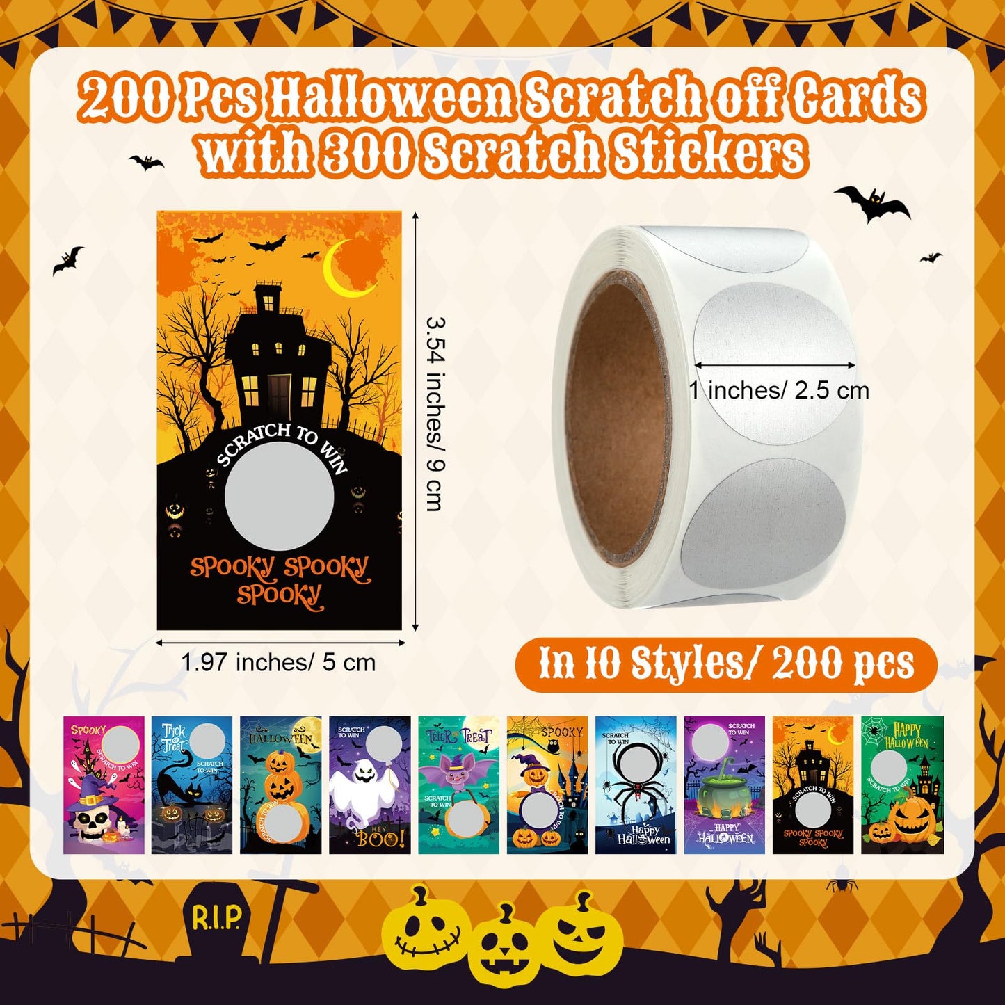 WinnerWhy 200 Pcs Halloween Scratch Off Cards 10 Styles Holiday DIY Scratch Blank Gift Certificates with 300 Stickers Halloween Cards for Adults Groups Party Favor Prizes Business